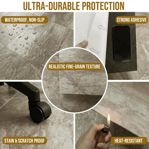 Miniatura 3 de Azulejos de suelo para despegar y pegar, suelo de vinilo impermeable de 12 pies cuadrados, azulejos gruesos de aspecto de mármol beige y marrón