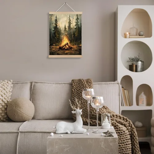 Miniatura 4 de Arte de pared para el hogar, bosque rústico, fogata, campamento, arte de pared, paisaje de naturaleza de montaña oscura, escena nocturna, lienzo