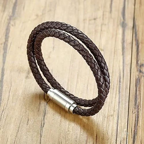 Miniatura 6 de Pulsera de cuero trenzada con cierre magnético de acero inoxidable para hombre, pulsera de cuero auténtico con cierre magnético