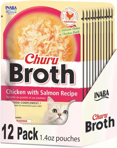 INABA Caldo Churu para gatos, bolsa de guarnición, 1.4 onzas por bolsa, 12 bolsas, receta de pollo con salmón