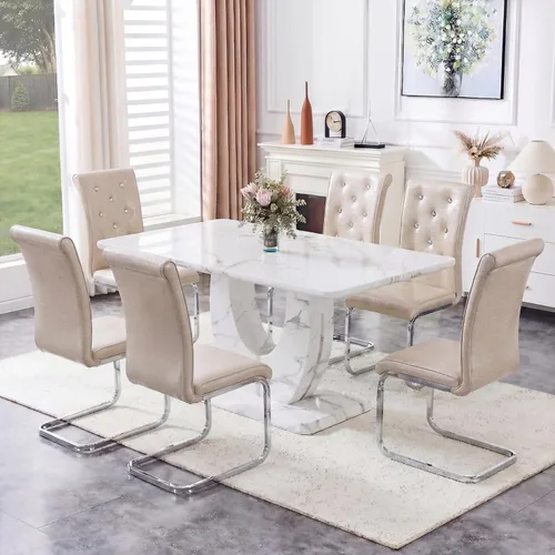 Miniatura 50 de Juego de 6 sillas de mesa de comedor para 6, juego de 6, moderno juego de comedor con mesa de comedor de mármol de 63 pulgadas, sillas tapizadas