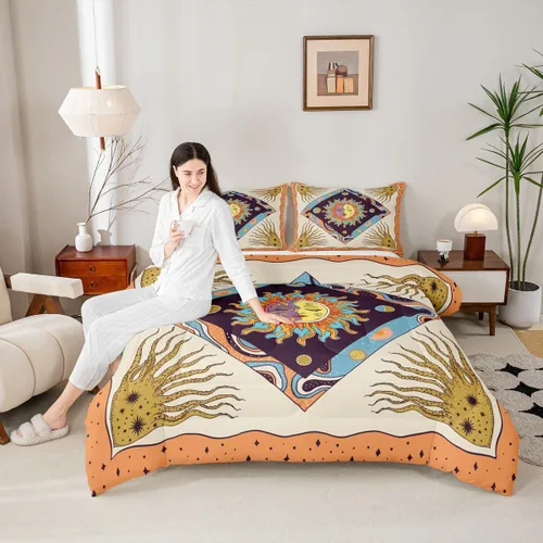 Miniatura 23 de Juego de edredón de champiñones para niños, tamaño individual, juego de ropa de cama romántica con sol, luna, cielo estrellado y galaxia, decoración