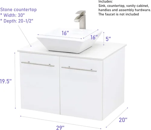 Miniatura 2 de Juego de lavabo flotante para montaje en pared, tocador de textura blanca en relieve, fregadero de cerámica para encimera de piedra plana blanca, 30