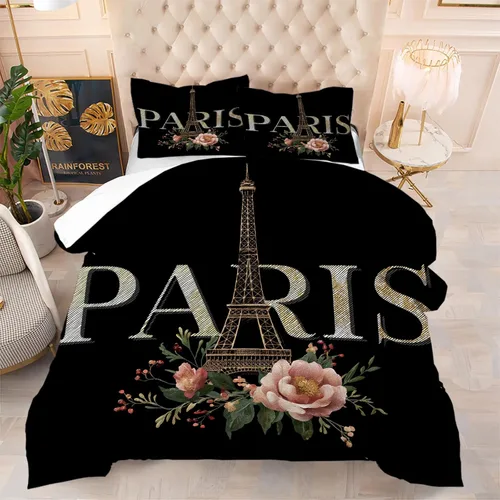 Miniatura 34 de kxry Juego de edredón de París, tamaño Queen, color rosa, Torre Eiffel Sena, ropa de cama estilo francés, edredón de paisaje urbano de París