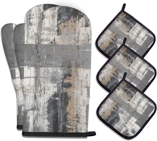 Miniatura 31 de MCALK Juego de 5 piezas de manoplas de horno geométricas grises y agarraderas, guantes de horno grises y almohadillas térmicas para cocinar
