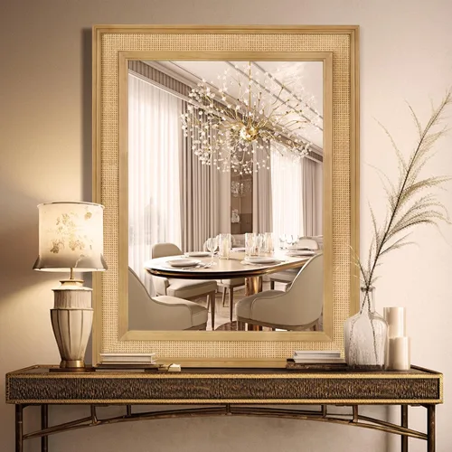 Miniatura 2 de WallBeyond Espejo de Pared de Ratán Rectangular, Espejo de Ratán de 32 X 44 Pulgadas con Marco de Madera para Decoración de Pared, Baño, Sala