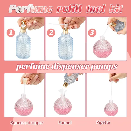 Miniatura 4 de Geiserailie Kit de 25 piezas de bomba de recarga de perfume, dispensador de perfume, incluye embudos, bombas dispensadoras, jeringas, goteros