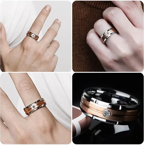 Miniatura 7 de Newshe Jewellery Juego de anillos de boda para él y ella, AAAAA, circonita cúbica, bandas de tungsteno para hombre y mujer, plata de ley 925, oro