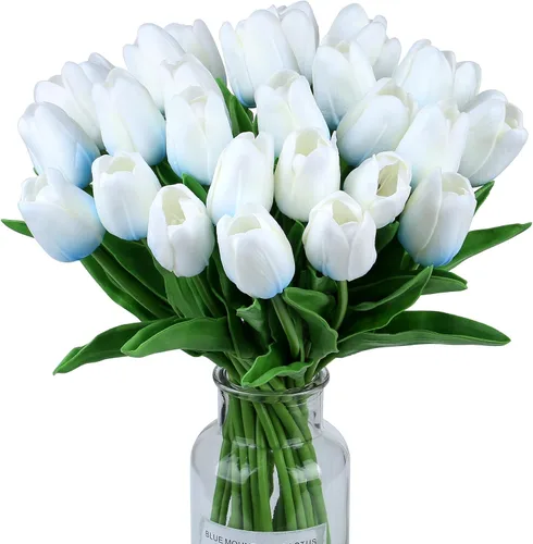 Miniatura 34 de SITUMEIZI 15 piezas de flores blancas artificiales, tulipanes artificiales de poliuretano de 14 pulgadas a granel para el hogar, cocina, Pascua