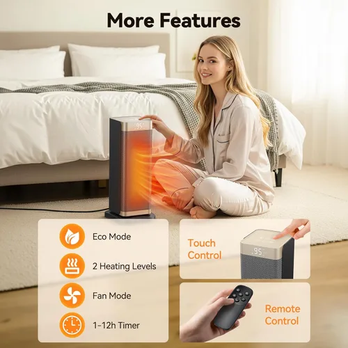 Miniatura 7 de Calentadores de espacio para uso en interiores, calentador eléctrico de 1500 W con termostato, oscilación de 70°, control remoto, 3 modos
