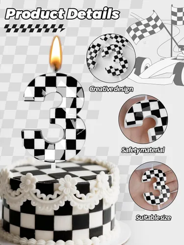 Miniatura 4 de Velas de cumpleaños de autos de carreras número 3, velas de cumpleaños a cuadros negros y blancos de 2.68 pulgadas, velas de números con temática