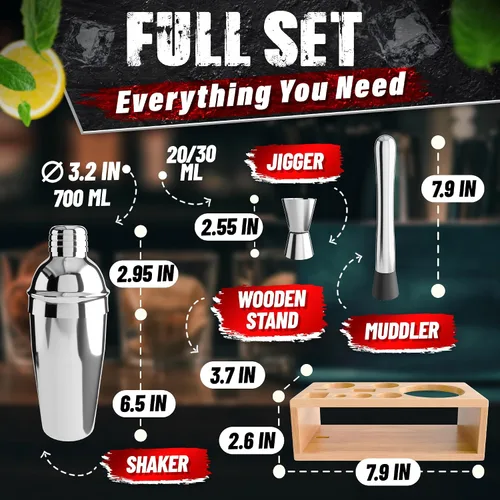 Miniatura 2 de Juego de bar y coctelera (10 piezas) - Kit de barman de mezcla de acero inoxidable con agitador, jigger, colador, mezclador, cuchara, pinzas