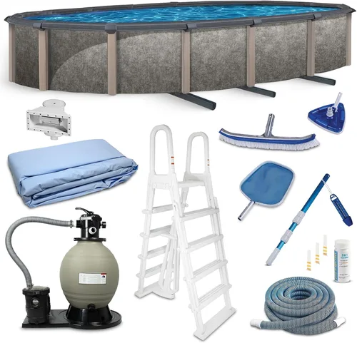 Blue Wave Riviera - Paquete de piscina de pared metálica ovalada de 15 pies x 30 pies, 54 pulgadas de profundidad, 8 pulgadas de profundidad, riel