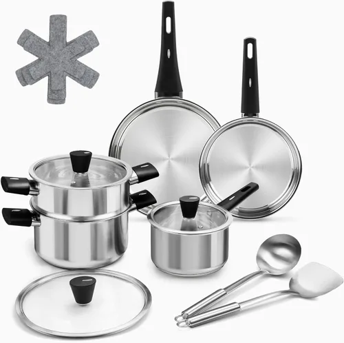 Juego de ollas y sartenes de cocina de 14 piezas, juego de utensilios de cocina de acero inoxidable no tóxico, juego de ollas y sartenes de