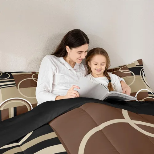 Miniatura 4 de Juego de edredón moderno de tamaño individual, color marrón, gris y negro, juego de ropa de cama con espirales geométricos para niños y niñas