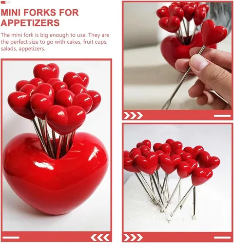 Miniatura 4 de 1 juego de tenedores de cóctel en forma de corazón tenedores de frutas palo decorativo palillo de alimentos con soporte para fiesta en el hogar