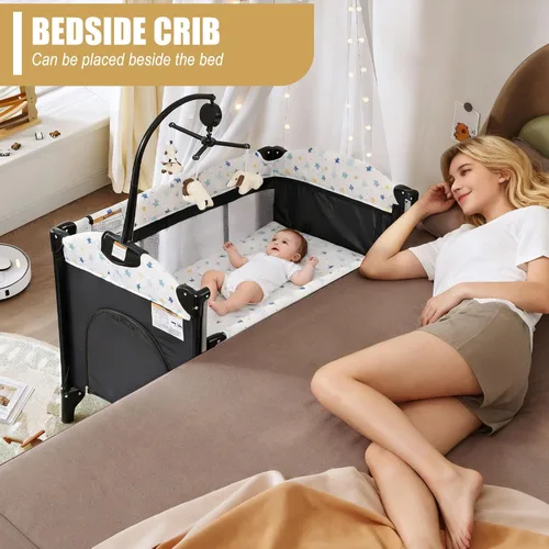 Miniatura 2 de Corral de bebé de altura ajustable 4 en 1, centro plegable para guardería con caja de música, estante de juguetes, almacenamiento lateral, Estrella