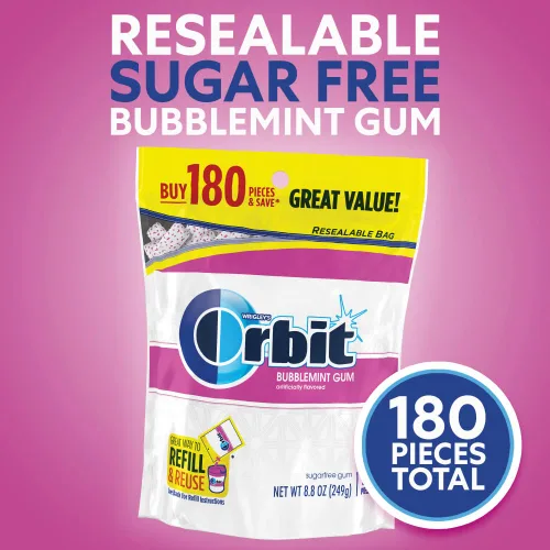 Miniatura 4 de ORBIT Goma de mascar Bubblemint sin azúcar a granel, bolsa resellable de 180 piezas, goma de mascar a granel