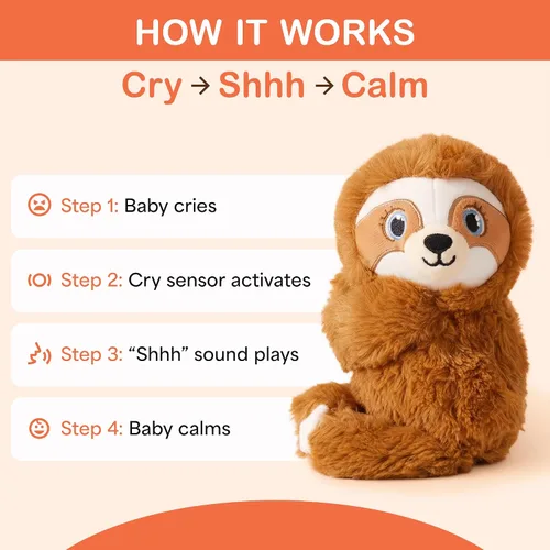 Miniatura 3 de Baby Shusher Shusher Sloth - Juguete calmante para bebé para dormir, chupete activado por llanto, animal de peluche para bebés y niños, sonidos