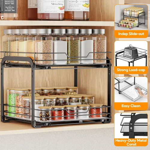 Miniatura 4 de Organizador de especias extraíble para gabinete, organizador de condimentos de metal de 2 niveles, estante de almacenamiento de especias, estante
