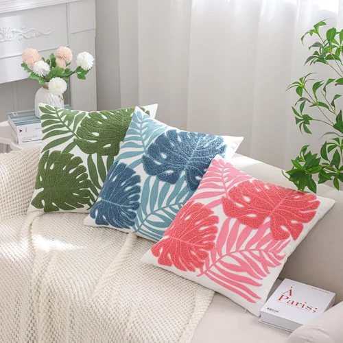 Miniatura 9 de Fundas de almohada bordadas de 18 x 18 pulgadas, paquete de 2 fundas de almohada azules botánicas tropicales con hojas tropicales, fundas de cojín