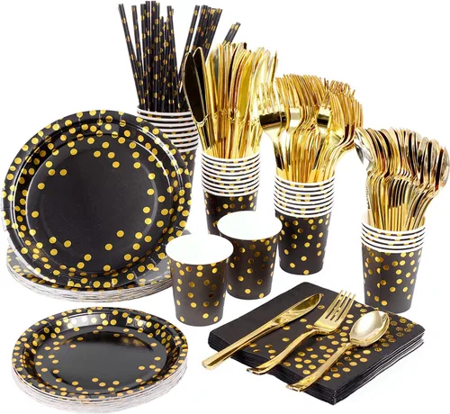 200 piezas de suministros de fiesta de oro rosa - Platos de papel y servilletas, tazas, cubiertos de oro rosa sirve 25 juegos para bodas, despedida