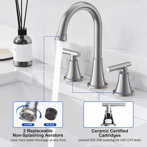 Miniatura 4 de Grifos de Baño para Lavabo de 3 Orificios, Hurran Grifo de Lavabo de Baño de Níquel Cepillado con Desagüe Pop-up y Líneas de Suministro, Grifo