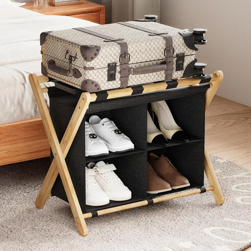 Miniatura 14 de Huhote Portaequipajes para habitación de invitados, soporte plegable para maleta con estante de almacenamiento de tela, soporte para equipaje