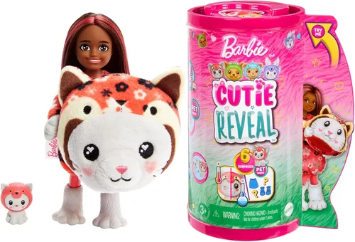 Muñeca Barbie Cutie Reveal Chelsea y accesorios, disfraz de peluche de animal y 6 sorpresas que incluyen cambio de color, gatito como panda rojo