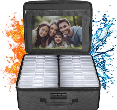 Miniatura 8 de ENGPOW Caja de almacenamiento de fotos ignífuga con 16 estuches interiores de 4 x 6 pulgadas (multicolor), organizador de fotos con cerradura