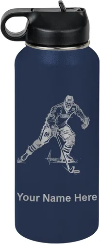 Miniatura 69 de LaserGram Botella de agua personalizada, jugador de hockey, acero inoxidable de doble pared aislada al vacío con popote superior, regalo grabado