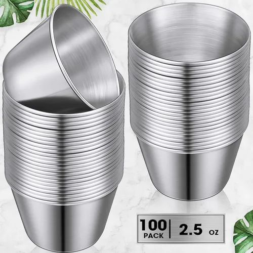 Miniatura 3 de Potchen 100 tazas de metal de 2.5 onzas para salsa, tazas de condimentos de acero inoxidable a granel, tazones de inmersión redondos, recipientes
