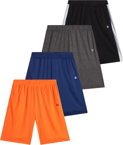 RBX Pantalones cortos deportivos para niños, paquete de 4 pantalones cortos de malla polar de rendimiento para correr, gimnasio, baloncesto y