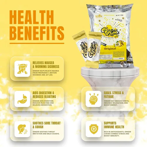 Miniatura 3 de Fusion Select Ginger Chews - Delicias dulces y confitadas suaves de Indonesia - Promueven el alivio de las náuseas matutinas, malestar estomacal
