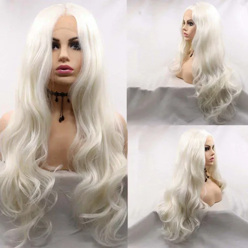 1001 #Color sintético rubio blanco encaje frente pelucas para mujeres pelo rubio platino largo cuerpo onda peluca resistente al calor fibra larga