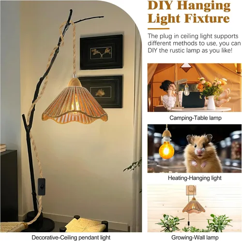 Miniatura 6 de Luces colgantes rústicas de granja con cable enchufable, cable de cuerda de cáñamo trenzada de 16.7 pies, pantalla tejida de cáñamo de 23x10 cm
