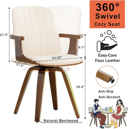 Miniatura 2 de Juego de 2 sillas de comedor giratorias, modernas de mediados de siglo con artesanía de nogal, piel sintética tapizada, brazos y patas de madera