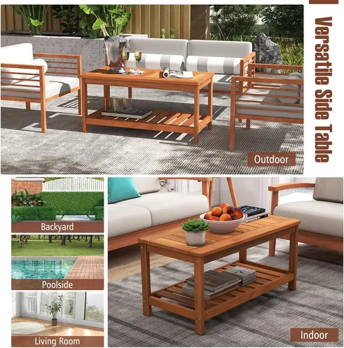 Miniatura 7 de HAPPYGRILL Mesa auxiliar de patio, mesa auxiliar de doble nivel con estructura de madera maciza, mesa de listones y estante, mesa de centro