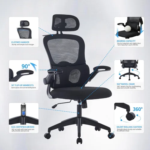Miniatura 8 de Vigosit Silla de oficina ergonómica de malla, capacidad de 400 libras, silla de escritorio con respaldo alto con soporte lumbar ajustable, Negro