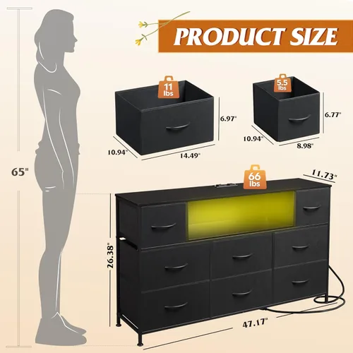 Miniatura 3 de WLIVE - Soporte de TV con cómoda en negro para TV de 45, 50, 55 pulgadas, centro de entretenimiento con luces LED y estación de carga, cómoda con 8