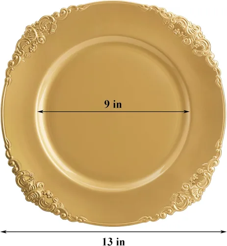 Miniatura 2 de Okllen Paquete de 12 Platos Base Dorados, Platos Base Redondos para Cena de 13" con Borde en Relieve para Catering, Boda, Decoración de Mesa