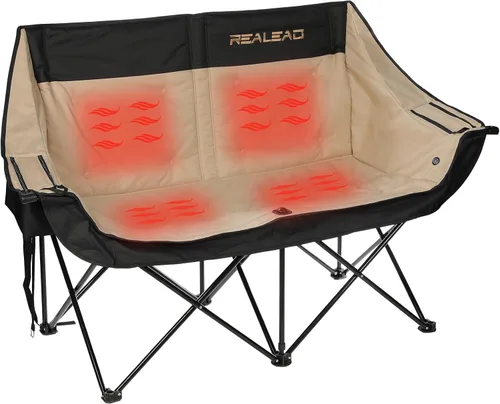 REALEAD Silla de Camping Doble Climatizada – Sillas de Camping Tipo Loveseat Climatizadas para Adultos con 3 Niveles de Calor y 4 Zonas de