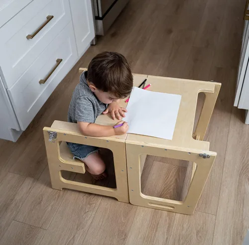 Miniatura 7 de Avenlur Date 4 en 1 Montessori - Taburete plegable de aprendizaje, escritorio, silla y pizarra Madera maciza, extra estable, rieles de seguridad