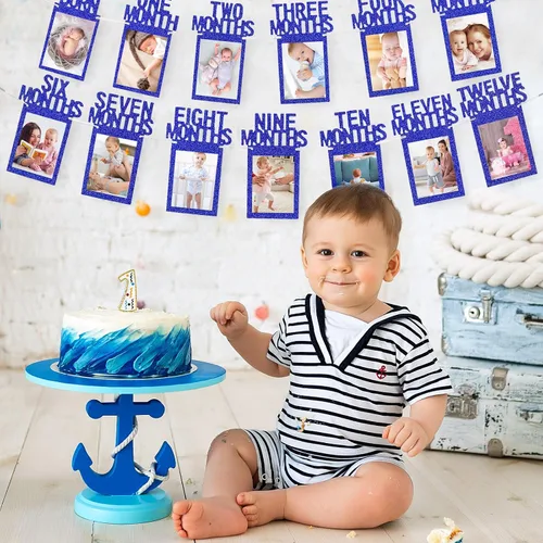 Miniatura 4 de Whaline Cartel de fotos de bebé de primer cumpleaños para recién nacido a 12 meses, guirnalda de fotos de hitos mensuales, decoración de celebración