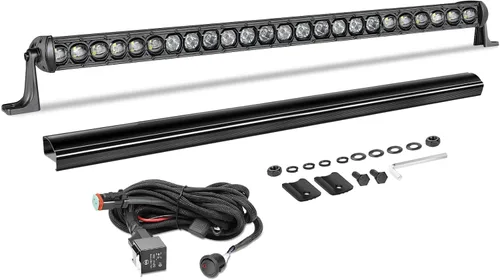 Barra de luz LED de 30 pulgadas de fila única de 168 W, kit de luz LED delgado con arnés de cableado, cubierta negra, combo de haz puntual y amplio,