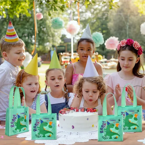 Miniatura 3 de Kajaia 24 bolsas pequeñas de dinosaurio para fiesta, regalo de dinosaurio, reutilizables, caramelos, dinosaurios, no tejidas, bolsas con asas