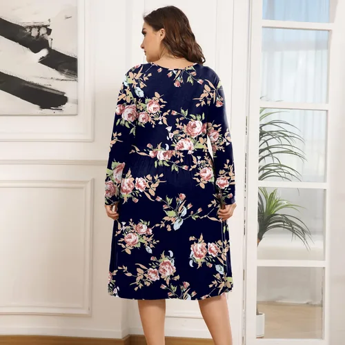 Miniatura 3 de POSESHE Vestidos de talla grande para mujer, manga larga, cuello redondo, vestidos casuales de cintura imperio, vestido suelto con bolsillos