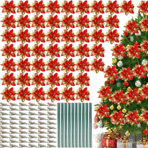 Lyrow 60 flores de Pascua con purpurina de 6 pulgadas con clips y tallos, adornos para árbol de Navidad, flores de pascua artificiales para Navidad,
