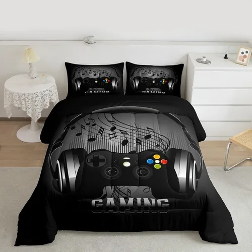 Miniatura 12 de Feelyou Juego de edredón negro para adolescentes y niños, juego de ropa de cama con estampado de consola de videojuegos de 2 piezas, 1 edredón con 1