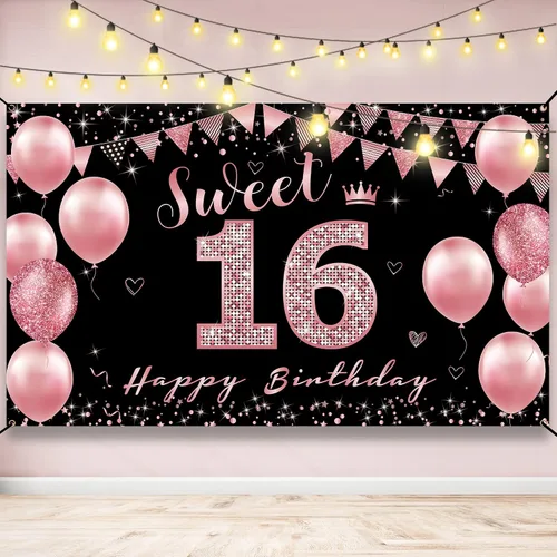 Vicycaty Decoraciones de cumpleaños de 16 años – Cartel de fondo, decoración de fiesta de feliz 16 para niñas, cartel de 16 yardas de oro rosa y